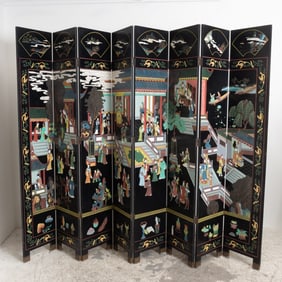Contemporary Asian Carved Lacquered Eight-Panel Screen