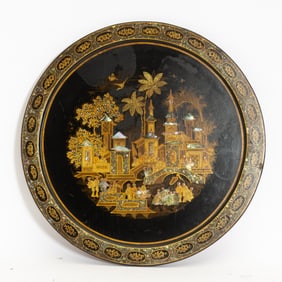 Black Painted Mother of Pearl Inlaid Circular Tray