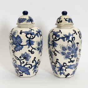 Pair of Blue and White Ceramic Lidded Vases
