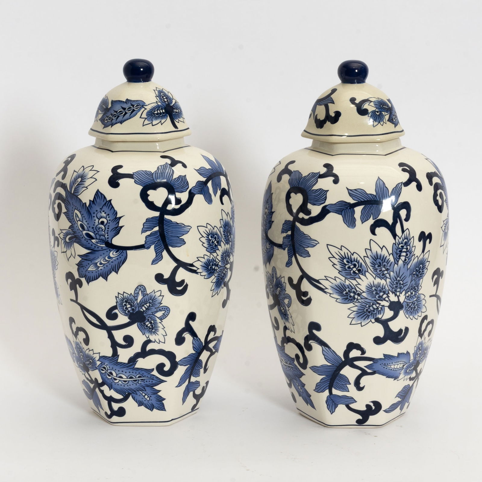 Pair of Blue and White Ceramic Lidded Vases (1 of 4)