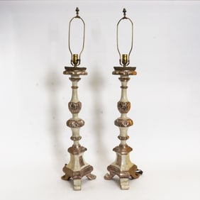 Pair of Painted Wood Column-Form Lamps
