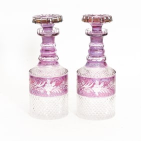Pair of Amethyst and Clear Glass Decanters