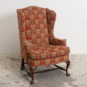 Red Floral Upholstered Wing-Back Armchair