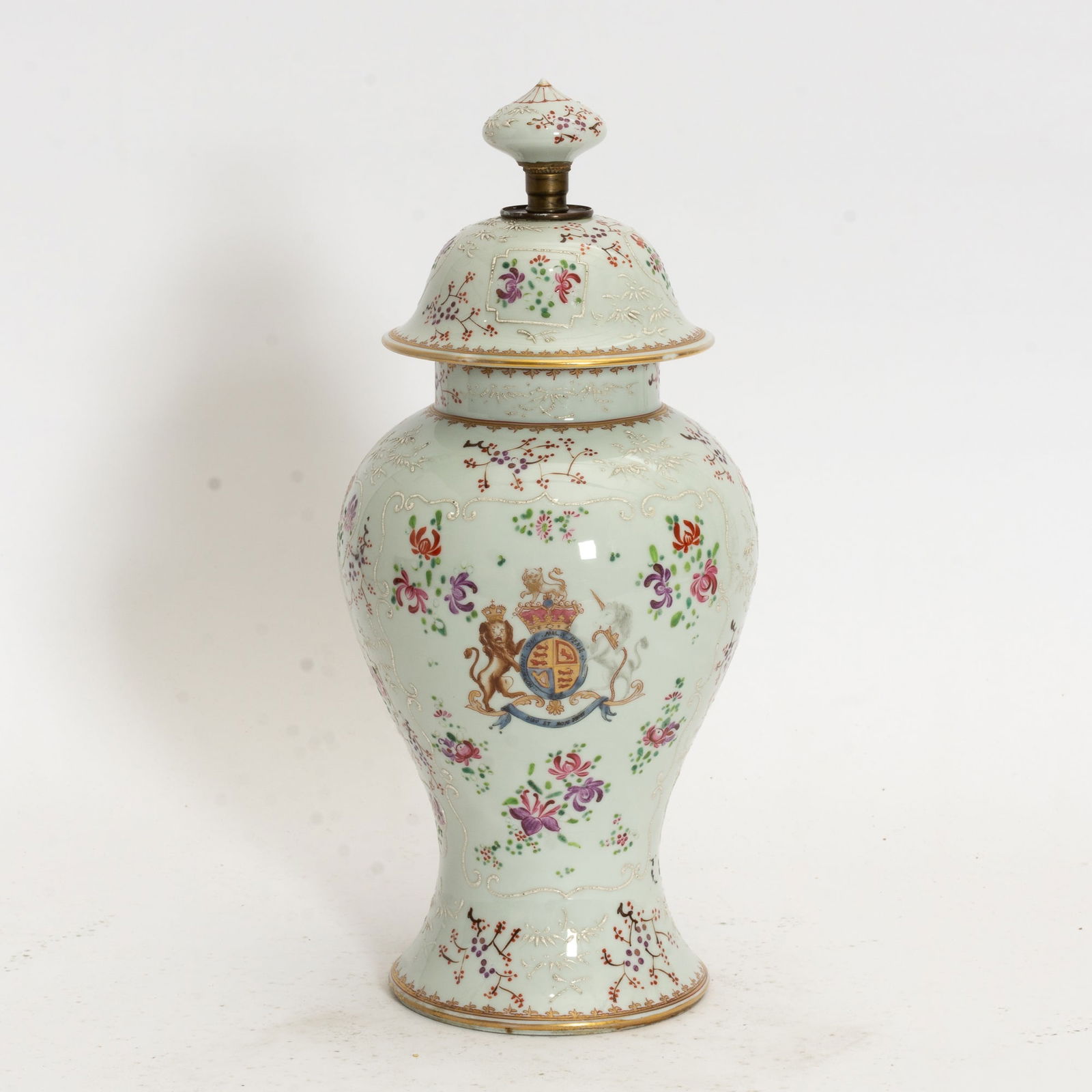 Paint Decorated Porcelain Lidded Vase: (16" h) Losses to finish, undersided drilled, top finial loose