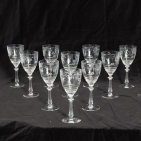 Set of Ten Etched Wine Glasses