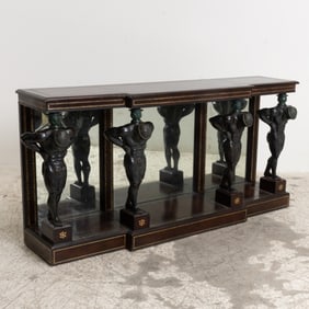 Leather Wrapped Mirror-Back Console With Bronze Greek Figural Base