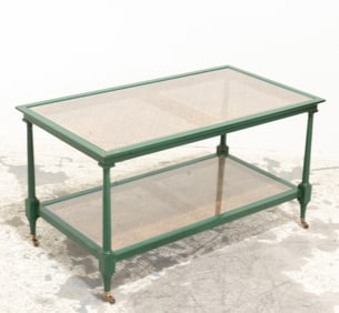 Green Painted Cane and Glass Top Coffee Table