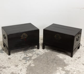 Pair of Asian Black Lacquer Trunks on Stand