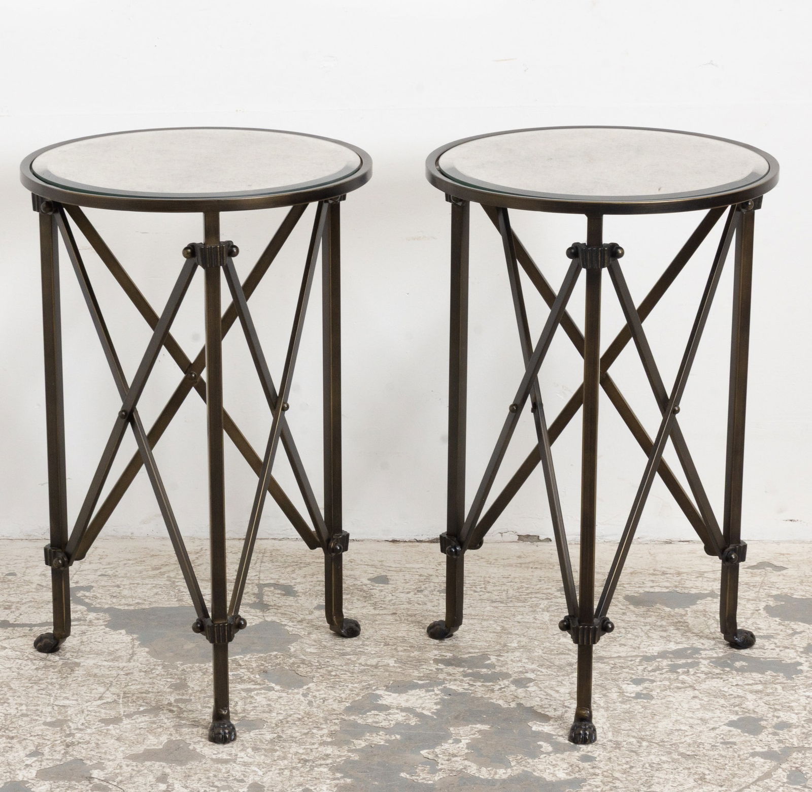 Pair of Painted Metal Mirror-Top Gueridons: 26" h x 17 1/8" dia