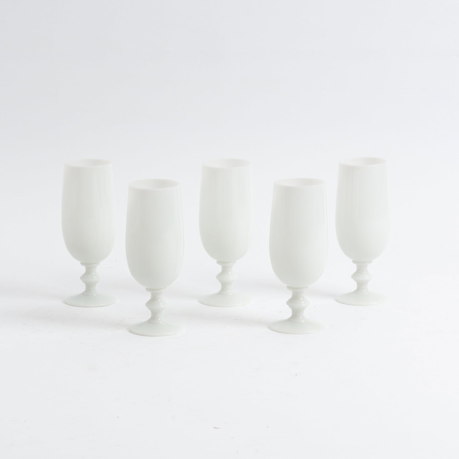 Set of Five Milk Glass Cordial Glasses: 5" h x 1 7/8" dia