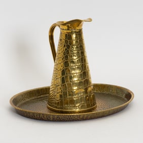 Solid Brass Crocodile Embossed Pitcher and Tray