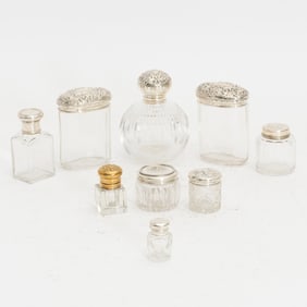 Group of Nine Silverplate Lidded Glass Containers
