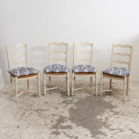 Set of Four White Painted Ladder Back Rush-Seated Chairs