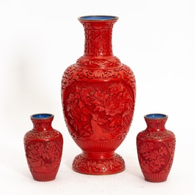 Group of Three Chinese Cinnabar Vases