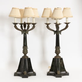 Pair of Marble and Bronze Candlestick Form Lamps