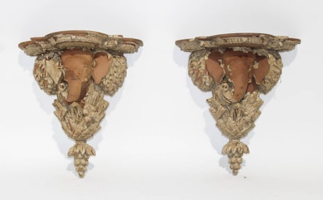 Pair of Painted Terracotta Elephant Bust Wall Mounts
