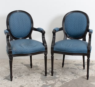 Pair of Louis XVI Style Black Lacquered Armchairs