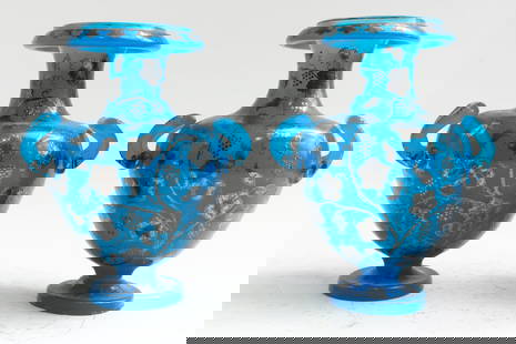 Pair of French Enamel Decorated Blue Opaline Glass Urns: (9" h x 6" dia)