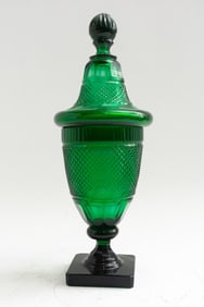 Green Glass Covered Jar