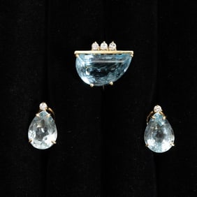 14KT Gold, Blue Topaz and Diamond Ring and Pair of Earclips