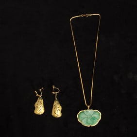 Pair of Gold and Carved Jade Earrings and Pendant-Necklace