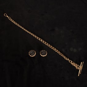 Pair of 14KT Rose Gold and Glass Intaglio Cufflinks and Metal Fob Chain
