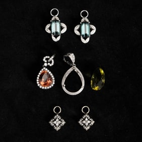 Two Pairs of White Gold, Silver and Gem-Set Earring Pendants and Two Gem-Set Pendants