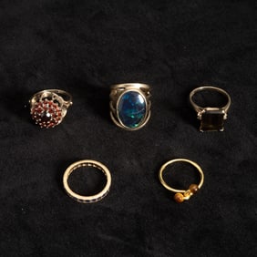 Five Low Karat Gold, Gilt-Metal and Gem-Set Rings
