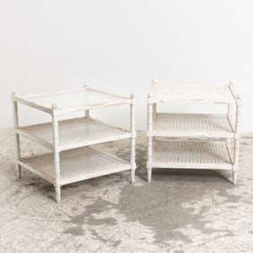 Pair of White Painted Three-Tier Caned Side Tables