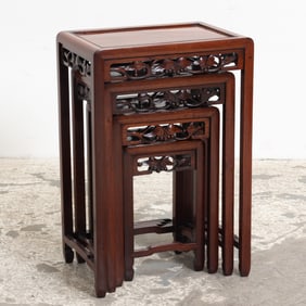 Set of Four Asian Style Carved Wood Nesting Tables