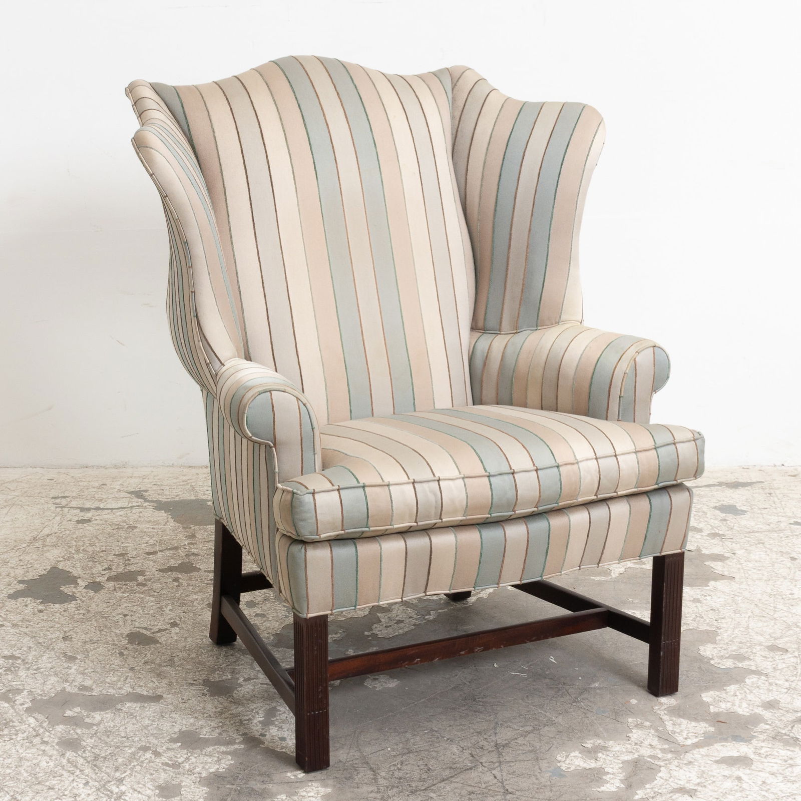 Stickley Stripped Upholstered Wing-Back Chair: . (44" h x 37" w x 27" d Seat to floor 19 1/2" h)