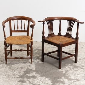 Two Mahogany Rush Seated Corner Chairs