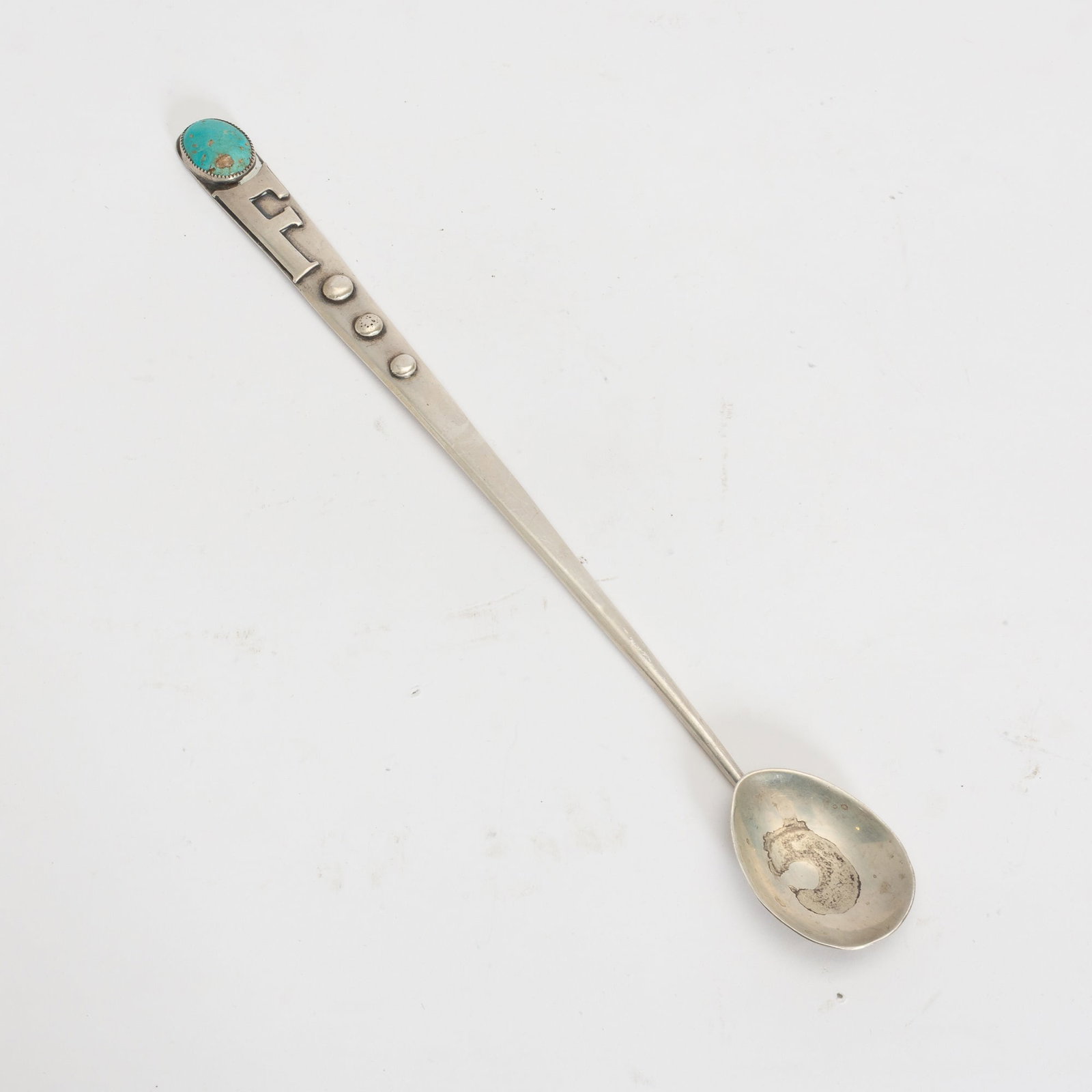 Frank Patania Sr. Sterling Cocktail Long Spoon: With turquoise stone Ap. 1.8 ounces (11" l)Good