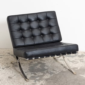 Mid Century Modern "Barcelona" Style Black Leather and Chrome Chair