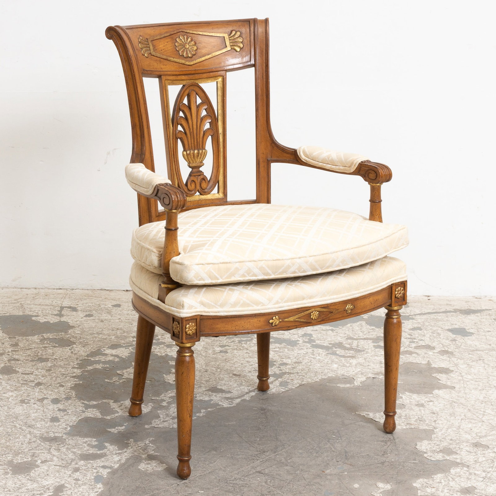 French Style Chair with Carved Back and Upholstered Seat: (37" h x 24" w x 20 5/8" d Seat to floor 19" h)