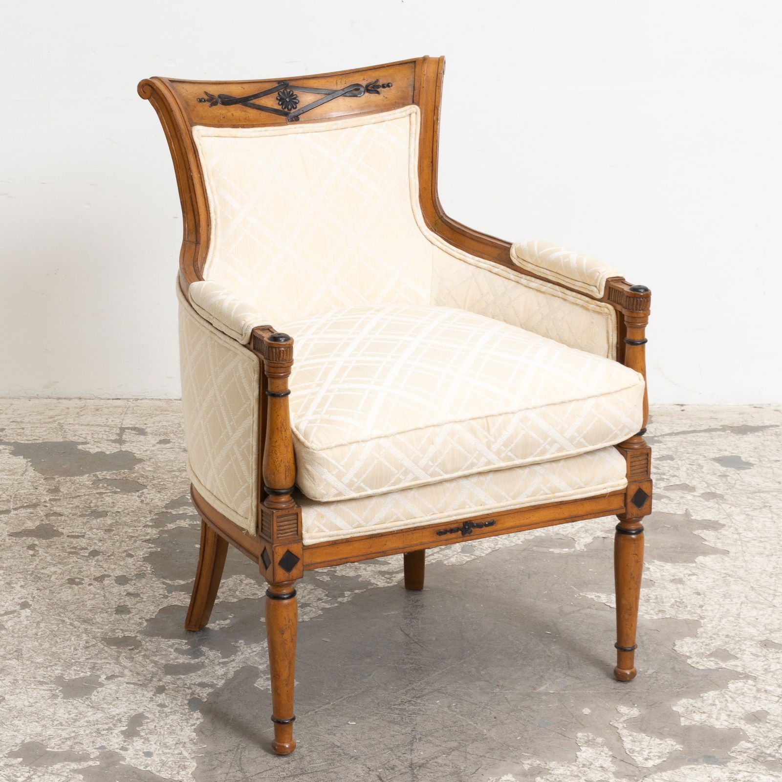 Neoclassical Style Mahogany Upholstered Armchair: (34" h x 24" w x 19" d Seat to floor18" h)