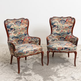 Pair of Art Nouveau Style Mahogany Upholstered Armchairs