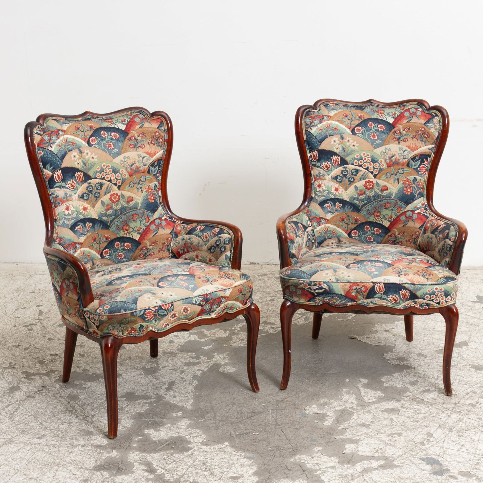 Pair of Art Nouveau Style Mahogany Upholstered Armchairs: (39" h x 26 3/4" w x 21 1/2" d Seat to floor 17" h)