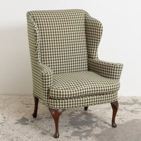 Gingham Pattern Upholstered Wing-Back Chair