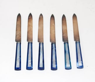 Set of Six Blue-Dyed Mother of Pearl Fruit Knives