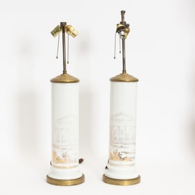 Pair of White Porcelain Lamps with Faded Gilt Design