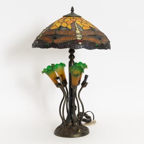 Art Nouveau Style Stained Glass and Bronze Table Lamp