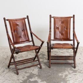 Pair of Leather and Faux Bamboo Campaign Chairs