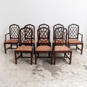 Set of Eight Mahogany Fretwork Back Dining Chairs