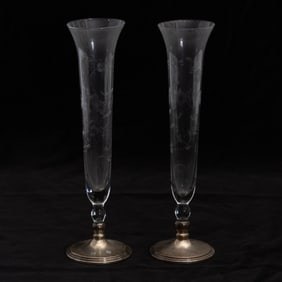 Pair of Etched Glass Sterling Base Vases