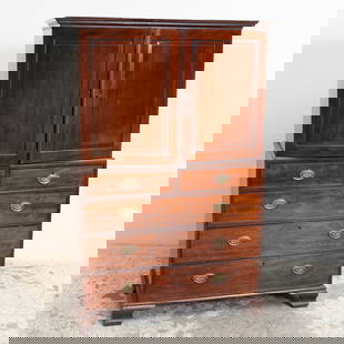 English Mahogany Linen Press: 5-drawers (69" h x 43" w x 20 3/4" d) Missing molding, chips, scratches and dings