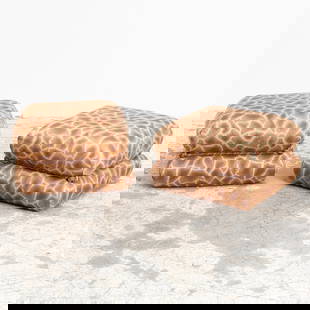 Pair of Upholstered Giraffe Pattern Upholstered Ottomans: . (14" h x 21" square) Tears to corners