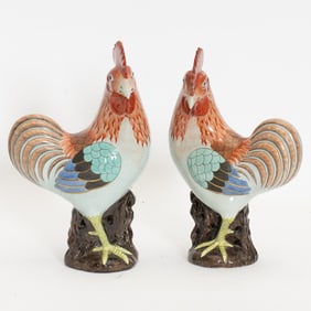 Pair of Chinese Polychrome Decorated Earthenware Roosters