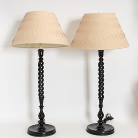Pair of Black Painted Wood Barley Twist Table Lamps