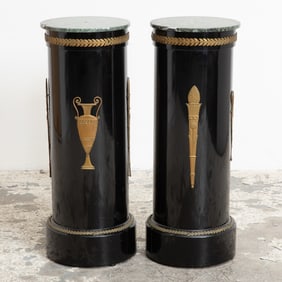 Pair of Ebonized Brass Mounted Marble Top Columns